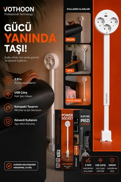 Teleskopik Çoklu Priz, 3’lü Topraklı + USB-C & USB-A, Yükseklik Ayarlı, Işıklı Anahtarlı Uzatma Priz ürün görseli 1