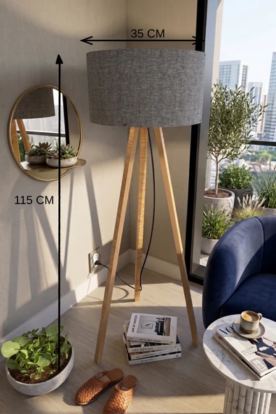 3 Ayaklı Tripod Lambader Koyu Gri Kumaş Başlık ürün görseli 1