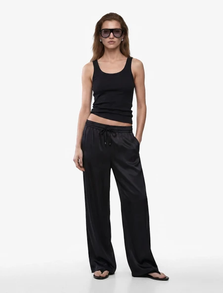 Aerobin Kumaş Beli Bağcıklı Geniş Paça Saten Pantolon ürün görseli 1