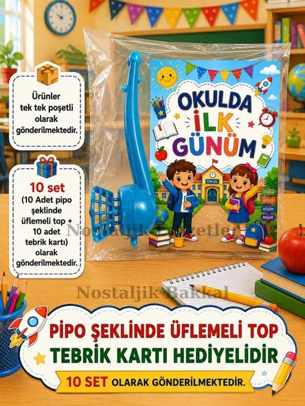 Okula Yeni Başlayan Öğrencilere Özel 10 Adet Hediye Seti 1. Sınıf- Sene Başı Pipo Şeklide Üflemeli Top Tebrik Kartı Hediyeli ürün görseli 1
