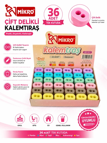 Mikro Çift Delikli Kalemtıraş 36 Adet Tek Kutu Hazneli Standart ve Jumbo Kalem Uyumlu MK-1011 ürün görseli 1