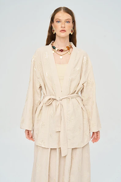 Kadın Pul Payet Yaprak İşlemeli Kuşaklı Kimono ürün görseli 1