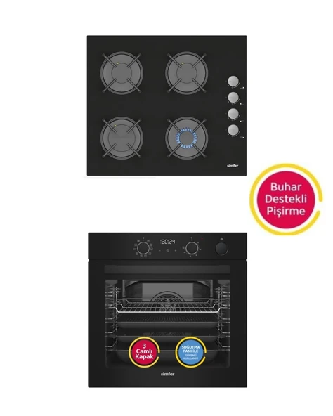 Simfer Steam Master Siyah Cam 2'li Ankastre Set (8244 Fırın + 3500 Ocak) ürün görseli 1