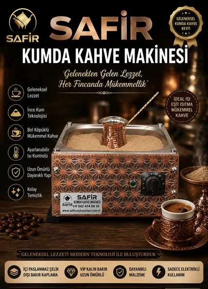 SAFİR BAKIR KUMDA KAHVE MAKİNESİ BÜYÜK BOY CEZVE DAHİL ORTA BOY 35X28 CM EBATLI 4 CEZVELİK BAKIR KUMDA TÜRK KAHVE MAKİNESİ ürün görseli 1