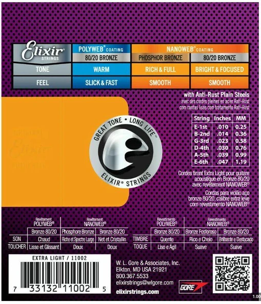 Elixir 11002 Nanoweb Akustik Gitar Teli 010-047 Bronz - Resim 2