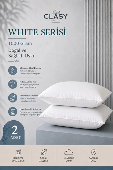 2 Adet Clasy %100 Pamuk Silikon Dolgulu Yastık Yıkanabilir 1000 gr ürün görseli 1