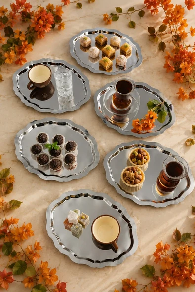 Jasper Elora 6'lı Paslanmaz Çelik Oval Kahve Sunum Tepsisi Servis Çay Tepsisi Dekoratif Tepsi Sunum Tepsi ürün görseli 1