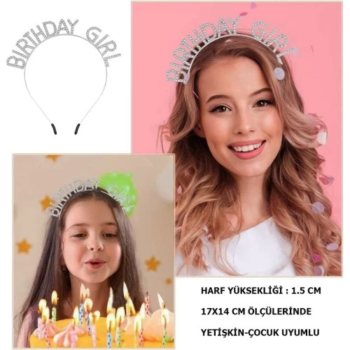 Kristal Taşlı Gümüş Birthday Girl Parti Tacı ürün görseli 1
