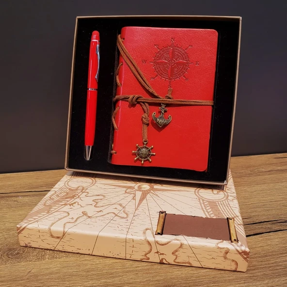 Kırmızı Pusula Tasarım Deri Defter Ve Touchpen Kalem Seti ürün görseli 1