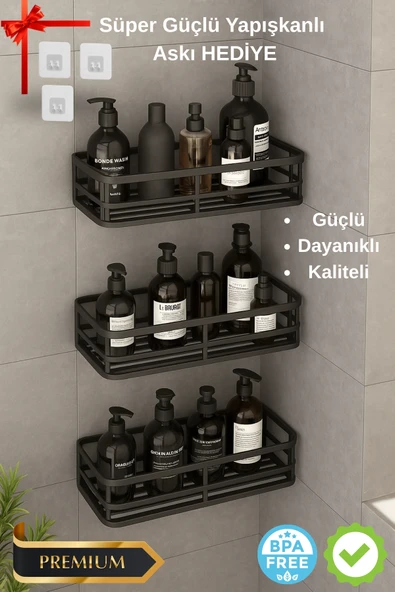 3 lü Banyo Düzenleyici Organizer Şampuanlık Havlupan Askısı Havluluk Siyah Banyo Duş Mutfak Rafı ürün görseli 1