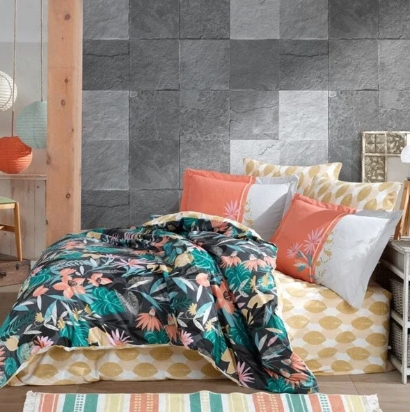 Kingsize Poplin Nevresim Monstera Oranj - Resim 2
