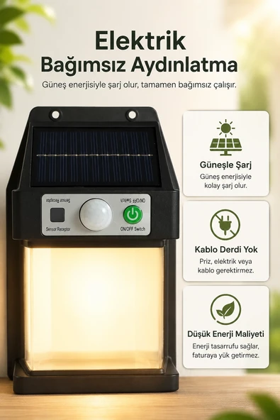 Güneş Enerjili Sensörlü Solar Aplik Duvar Tipi Dış Mekan Bahçe Balkon Işığı ürün görseli 1