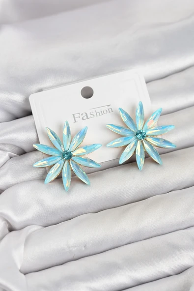 Buz Mavisi Kristal Taşlı Lotus Model Kadın Küpe ürün görseli 1