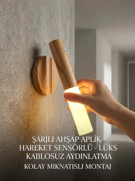 Günışığı LED Şarjlı Duvar Aplik Ahşap Renk Hareket Sensörlü Kablosuz Lüks Lamba Modeli ürün görseli 1