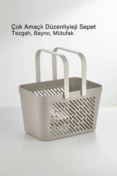 1'li Gri Çok Amaçlı Kulplu Sepet Mutfak Banyo Organizer Taşıma Sepeti ürün görseli 1