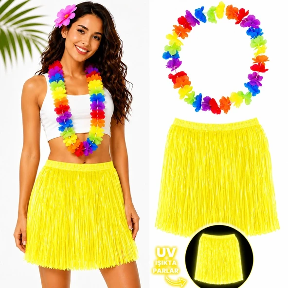 Neon Sarı Hawaii Etek 40 cm ve Rengarenk Hawaii Kolye ürün görseli 1