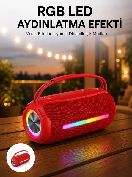 360 RGB LED'li Taşınabilir Bluetooth Hoparlör – Kırmızı, USB/TF Destekli ürün görseli 1
