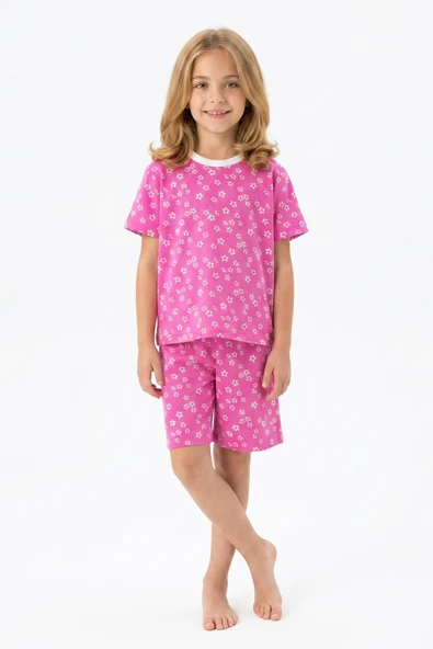Kız Çocuk %100 Pamuk ve Şortlu Pijama Takımı 3-8 Yaş 12747IS ürün görseli 1