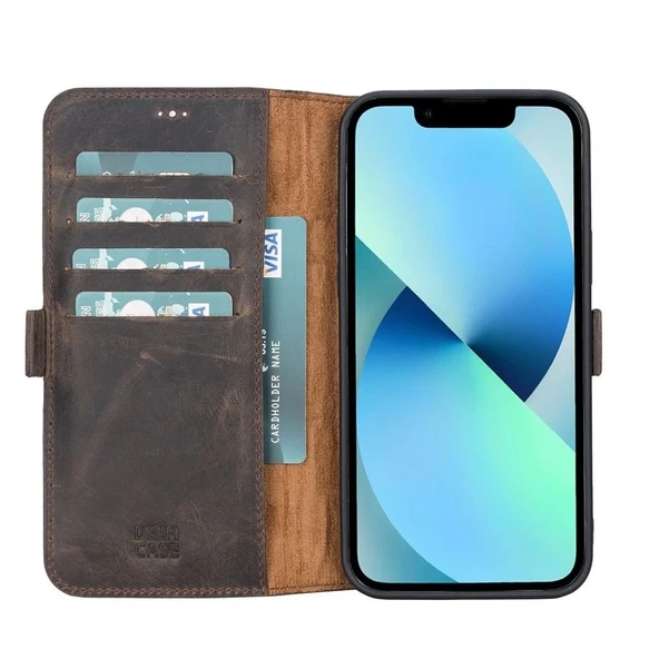 Apple iPhone 13 Pro Max Uyumlu Deri Cüzdanlı Kılıf Acı Kahve ürün görseli 1