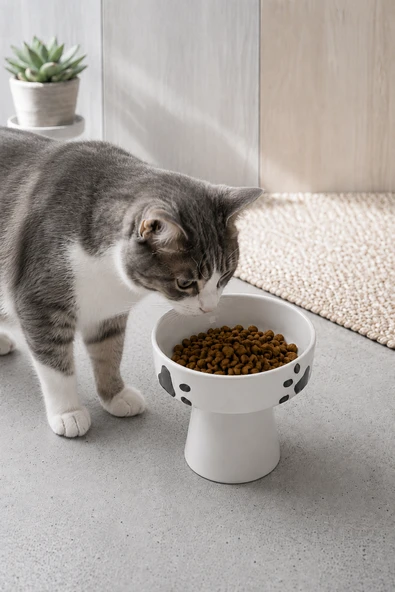 Seramik Kedi ve Köpek Mama Su Kabı 300 ml Ayaklı Yükseltilmiş Mama Kabı 13 cm ürün görseli 1