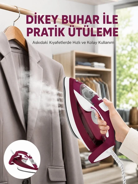 Yeni Nesil Kırmızı Buharlı Ütü 2200 Watt Seramik Tabanlı Yüksek Buhar Gücü ürün görseli 1