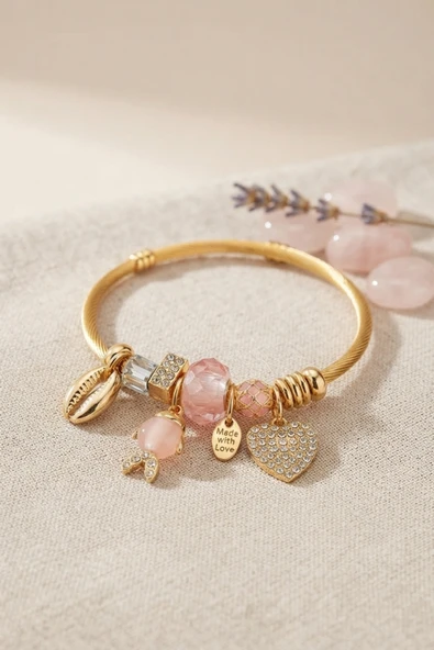 Pembe Balık Model Gold Renk Charmlı Bileklik ürün görseli 1