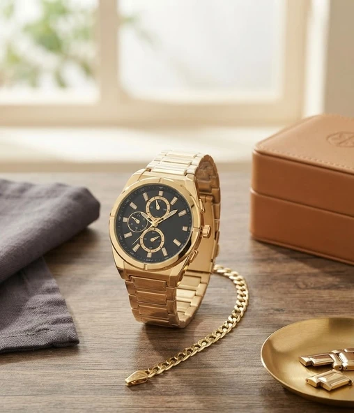 Erkek Kol Saati Bileklik Hediyeli Gold Metal Kordon Takvimli Analog Quartz Klasik Lüks Çelik Görünümlü Şık Erkek Saati Günlük ve Klasik Kombin CP21 ürün görseli 1