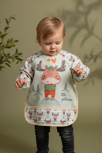 Geyik Desenli Sıvı Geçirmez Uzun Kollu Unisex Bebek Mama Ve Aktivite Önlüğü 6-24 Ay ürün görseli 1