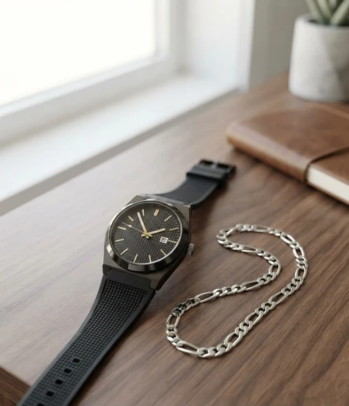 Takvimli Erkek Kol Saati Bileklik Hediyeli Siyah Silikon Kordon Analog Quartz Spor Erkek Saati Şık Günlük Klasik Modern Erkek Saati NP20 ürün görseli 1