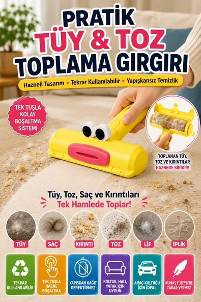Hazneli Tekrar Kullanılabilir Tüy Toz Saç Toplama Gırgırı Yapışkansız Kumaş Temizlik Rulosu Ev Tipi! ürün görseli 1