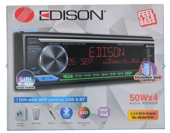 Edison ED-94DSP App Control+Usb+Dsp+Bluetooth+Multicolor+FM+Aux+4x50 Watt Oto Teyp ürün görseli 1
