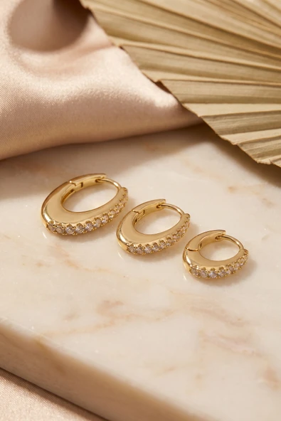 Gold Renk Oval Halka Model Zirkon Taşlı 3 lü Küpe Set TJ-BKP11976 ürün görseli 1