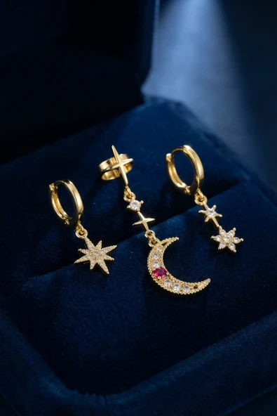 Gold Renk 3 lü Ay ve Yıldız Model Küpe TJ-BKP11966 ürün görseli 1