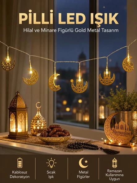 Pilli Minareli Hilal LED Işık Gold Metal Ramazan Dekorasyonu ürün görseli 1
