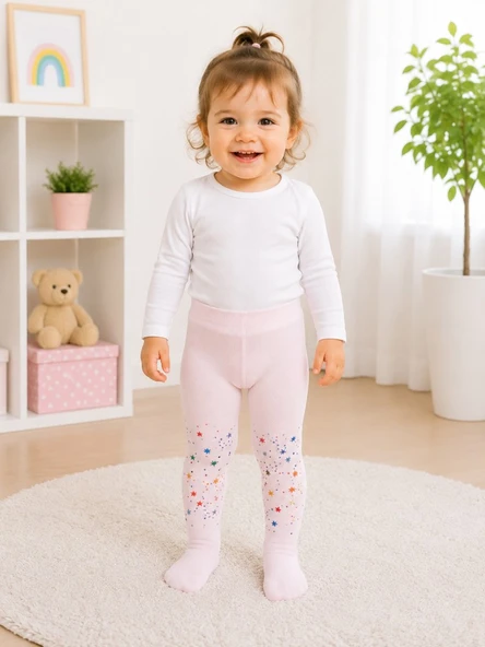 Kız Çocuk Pudra Yıldız Desenli Külotlu Çorap ürün görseli 1