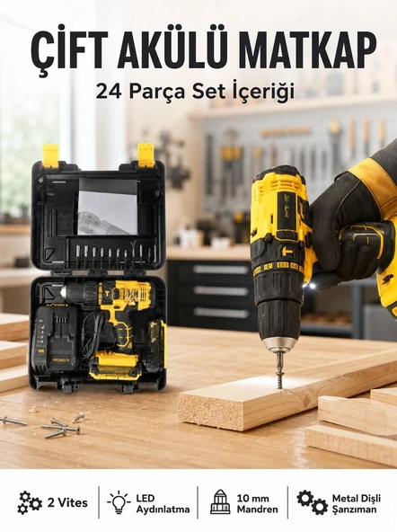 Matkap Seti 24 Parça Çift Bataryalı Darbeli Led Işıklı Vidalama Yeni Nesil ürün görseli 1