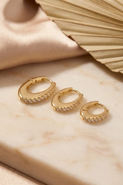 Gold Renk Oval Halka Model Zirkon Taşlı 3 lü Küpe Set ürün görseli 1