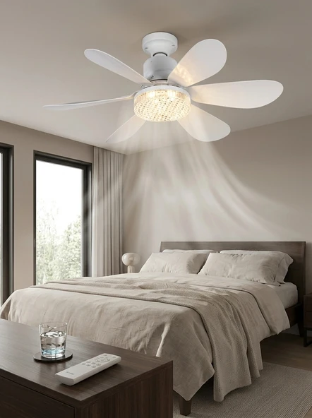 Nevamel® Crystal Aura 52 cm Ultra Sessiz LED Tavan Vantilatörü | 3 Kademeli Bakır Motor | Kumandalı Kristal Avize Vantil ürün görseli 1