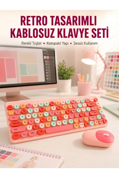 Renkli Retro Tuş Takımlı Klavye  3 Cihaz Bağlantısı, Medya Kısayol Tuşları Yeni Nesil ürün görseli 1