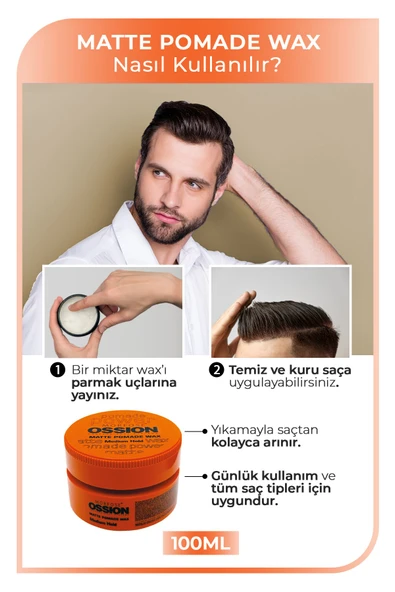 Ossion Medium Hold Pomade Krem Mat Wax 100 ml - Resim 3
