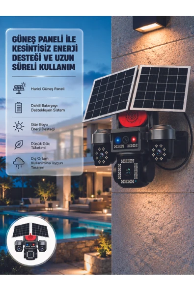 Güneş Enerjili 4 Lensli Dış Mekan Güvenlik Kamerası IP66 Su Geçirmez ürün görseli 1