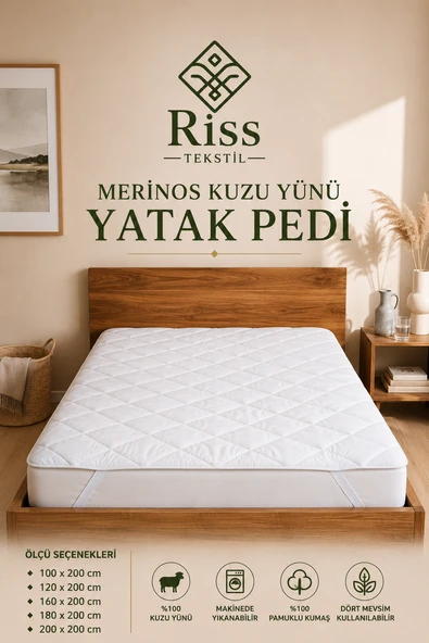%100 Merinos Kuzu Yünü Yatak Pedi, Yatak Koruyucu, Yatak Alezi ürün görseli 1