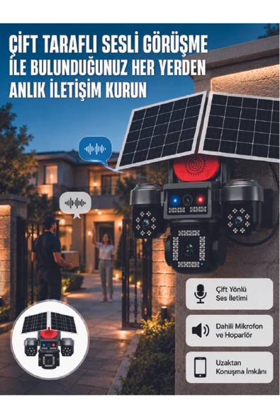 LED Projektörlü Sirenli Güneş Enerjili Akıllı Güvenlik Kamerası ürün görseli 1