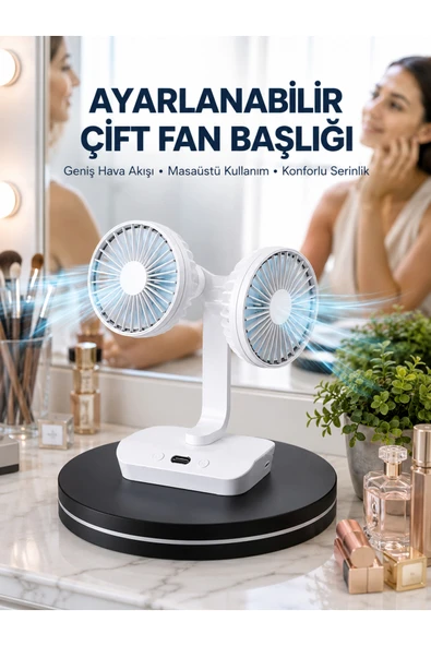 Ayarlanabilir Hızlı Çift Başlıklı Masaüstü Fan  Gece Lambalı Serinletici ürün görseli 1