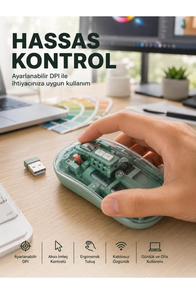Şeffaf Tasarımlı Bluetooth Kablosuz Mouse Pilli Kullanım Yeni Nesil ürün görseli 1
