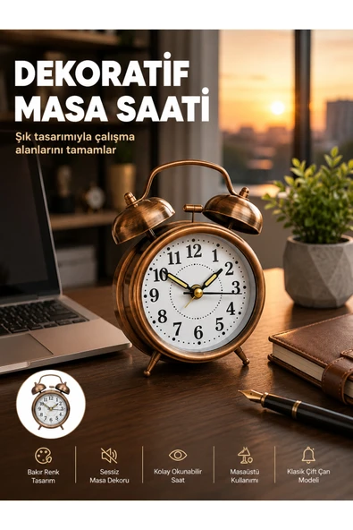 Retro Tarz Bronz Dekoratif Masa Saati Metal Gövde Yüksek Sesli Alarm ürün görseli 1