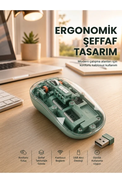 Bluetooth ve 2.4G USB Destekli Pilli Kablosuz Şeffaf Mouse Yeni Nesil ürün görseli 1