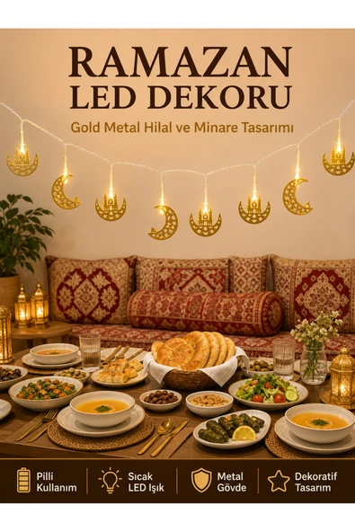 Minareli Hilal LED Işık Gold Metal Gövdeli Pilli Ramazan Dekoru ürün görseli 1