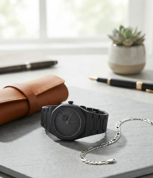 Erkek Kol Saati Bileklik Hediyeli Siyah Kordon Analog Quartz Minimal Tasarım Mat Siyah Kasa Şık Spor Klasik Erkek Saati Günlük Kullanım NP24 ürün görseli 1