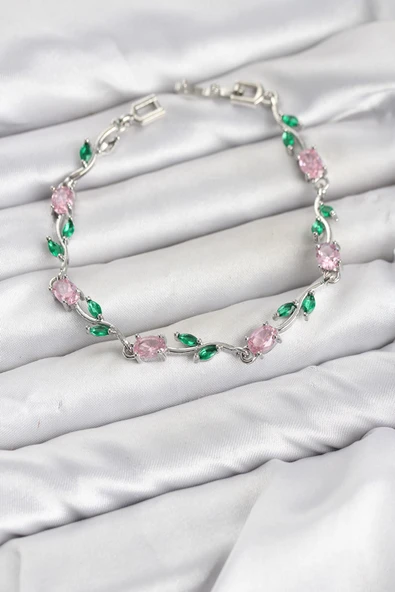 Pirinç Gümüş Renk Pembe Zirkon Taşlı Çiçek Model Kadın Bileklik ürün görseli 1